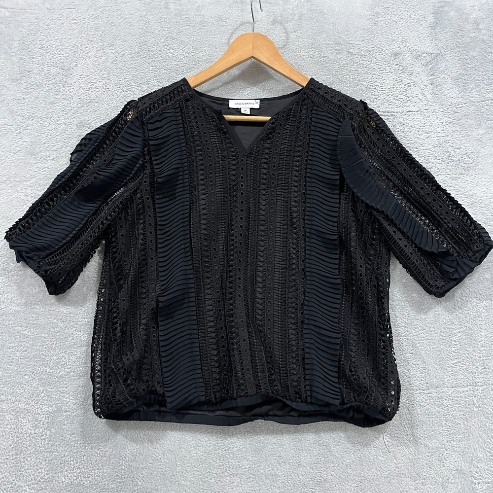 Calligraphie Blouse Womens Medium Ruffle Crochet Boho Hippie Grunge Short‎